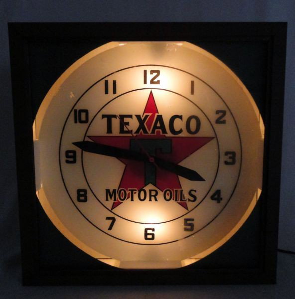 TEXACO LIGHTED ADVERTISING CLOCK: Clock Reads Texaco Motor Oils, Made in USA, Working, 16"Sq.