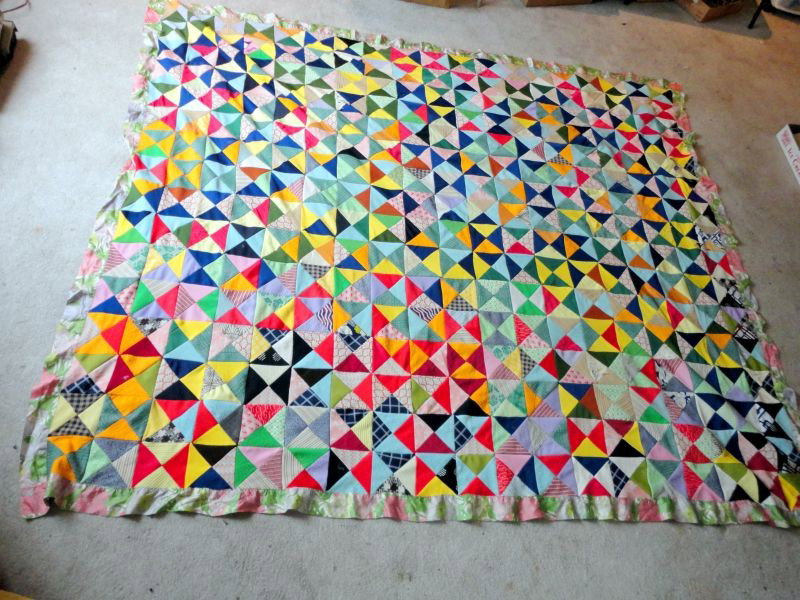 QUILT TOPPER: Colorful Bow Tie Quilt Topper, Hand Crafted, Polyester w/Silk Border, 82"W X 95"L.