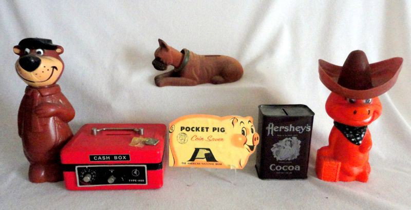 VINTAGE BANKS LOT: Vintage Bank Lot Inc. "Dabs" Bobble Head Boxer Bank, Yogi Bear Bank, Orange Burro Bank, Cash Box w/Key, Pocket Pig Coin Saver & Hersey's Coco Reproduction Label Bank, 2.5" to 9"T.