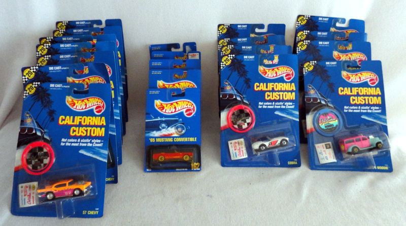 HOT WHEELS CARS: 20 Mattel Hot Wheels Die Cast & Plastic Cars MIB Inc. 5 1940's Woodies, 3 '65 Mustang Convertibles, 3 Mustangs, 3 Mazda MX-5 Miatas, 2 '59 Cadillacs, 2 '34 Fords, 1993 Camaro and Oscar Mayer Wiener Mo