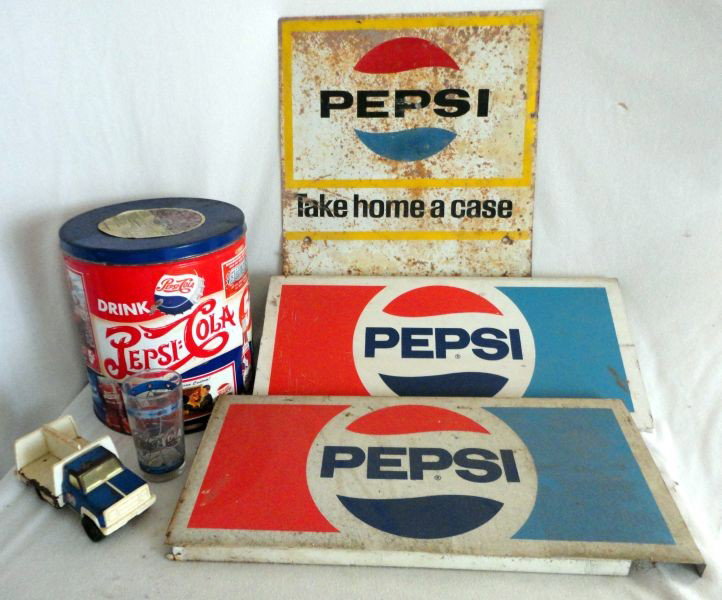 PEPSI ADVERTISING LOT: Pepsi Advertising Lot Inc. " Pepsi Take Home A Case" Vintage Metal Sign, 2 "Pepsi" Rectangular Metal Signs, Tonka "Pepsi-Cola" Truck, "Pepsi-Cola" Red and Blue Soda Glass and "Drink Pepsi-Cola" Popcor