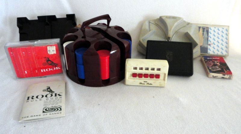 GAMBLING LOT: Gambling Lot Inc. Majestic Card Shuffler, Mini Draw Poker Game (Battery Operated), Poker Chip Caddy (Full Of Red, White & Blue Chips), Bud Light and Kem Playing Cards and Rook Playing Cards w/Rule Boo