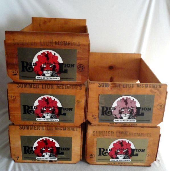 WOODEN CRATES: Five D & L Wooden Crates Marked "Red Lion King of Nectarines," 12"W X 20"L.