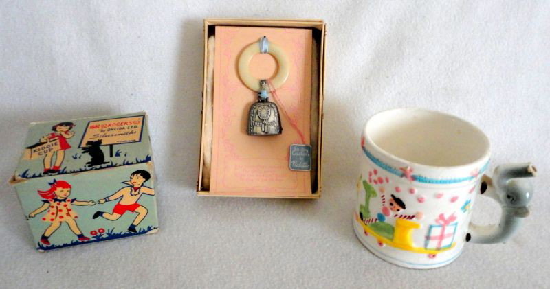 SILVER BABY LOT: Silver Baby Lot Inc. "Webster" Sterling Creations Silver Baby Bell, Marked Sterling 1.25"L, 1881 Silver Plate Kiddie Cup Rogers By Oneida Ltd. Silversmiths w/Original Box 2.50"T & Ceramic Baby Mug w/E