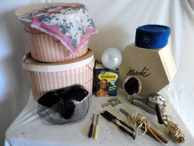 RETRO LADIES LOT: Retro Ladies Lot Inc. “GE” RS Reflector Sun Lamp In Original Box w/Original Instruction Manual, “Handy Hannah” Heat Controlled Hair Dryer, “LF&C” Wood Handled Curling Iron, Acrylic Framed 