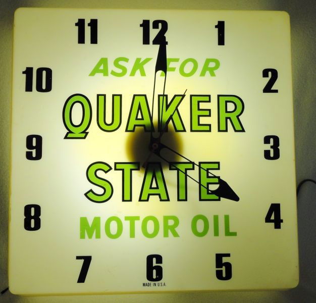 QUAKER STATE MOTOR OIL ADVERTISING CLOCK: "Ask For Quaker State Motor Oil" Electric Lighted Clock, White Face w/Green Letters, 16"Sq.