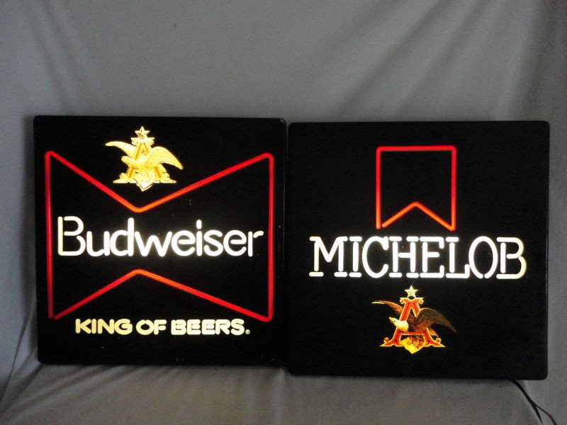 TWO NEON ADVERTISING BEER SIGNS: 2 Lighted, Neon, Electric, Plastic Advertising Beer Signs Inc. "Budweiser King Of Beers" (Red, White & Gold On Black) and "Michelob" Red, White and Gold On Black, 18"Sq.