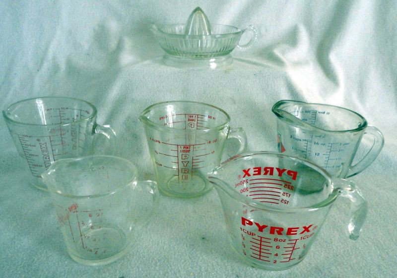 GLASS KITCHEN LOT: Glass Kitchen Lot Inc. Pressed Glass Reamer; 3 Pyrex, 1 Fire King & Anchor Hocking Glass Measuring Cups, 3.5" To 4.75"T.