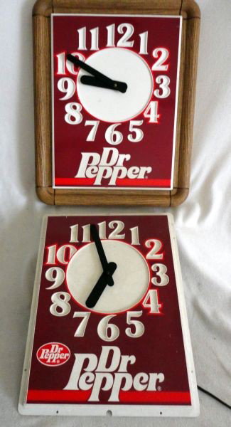 DR. PEPPER ADVERTISING CLOCK LOT: Dr. Pepper Advertising Clock Lot Inc. Battery Operated Wood Grain Framed Clock (Requires One AA Battery) & Unframed Electric Clock, 15" To 18"T.