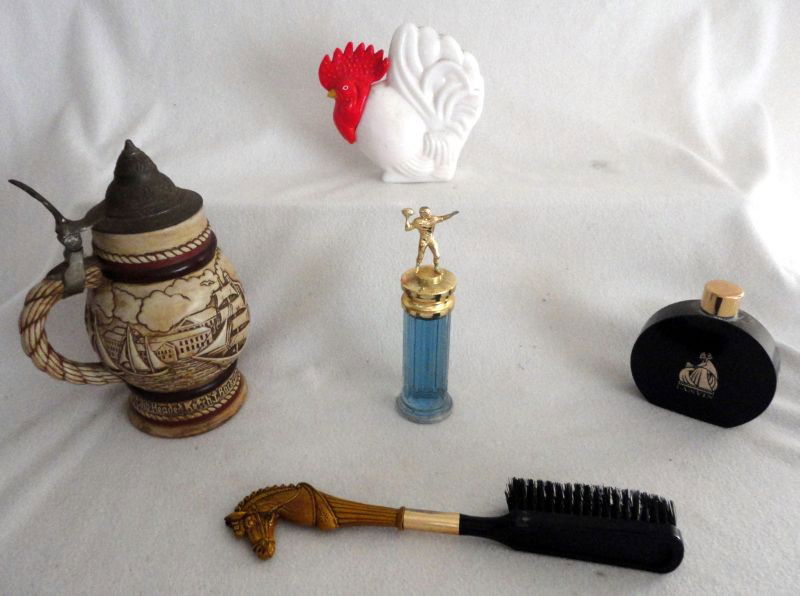 AVON PLUS LOT: Avon Plus Lot Inc. Milk Glass Rooster, Metal Top "Ceramarte" Stein Marked Handcrafted In Brazil; Aqua Velva Blue Cologne, In Football Figure Topped Bottle, Lanvin Black Perfume Bottle and Horse Head B