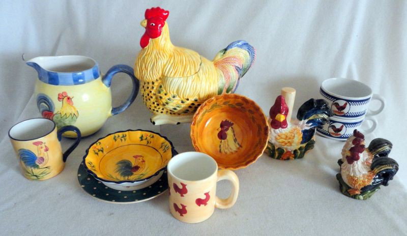 COUNTRY CERAMIC LOT: Country Ceramic Lot Inc. Cookie Jar, Pitcher, 4 Mugs, 2 Bowls, Paper Towel Holder, Salt & Pepper & Plate, 4" To 7"T.