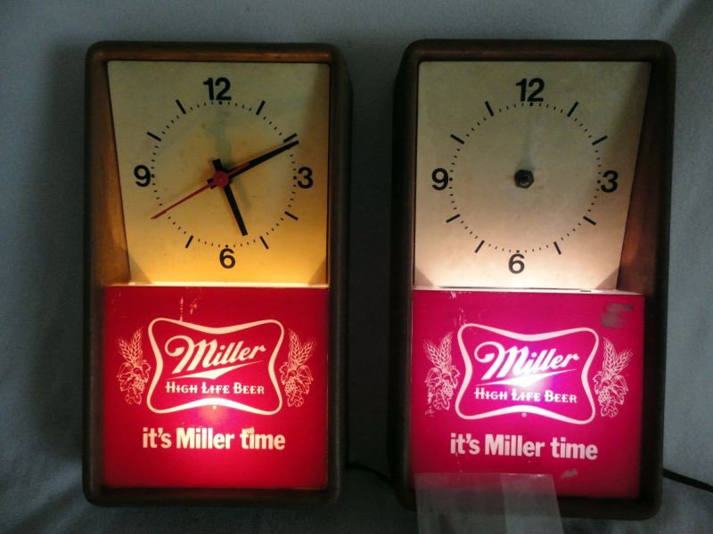 MILLER BEER ADVERTISING CLOCKS: 2 "Miller High Life Beer It's Miller Time" Electric Lighted Sign/Clocks, 8"W X 14.25"T.