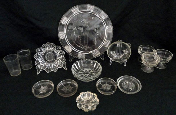 PRESSED GLASSWARE: Pressed Glassware Inc. Round Footed Plate, 3 Bowls, 3 Sherbets, 2 Juice Glasses, 4 Coasters & 1 Ashtray, 3" To 12".