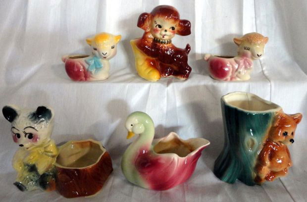 SIX VINTAGE BABY PLANTERS: Lot of 6 Animal Planters Includes 2 Lambs, 2 Bears, 1 Swan, 1 Dog w/Boot, 3.5" to 5.5" T.
