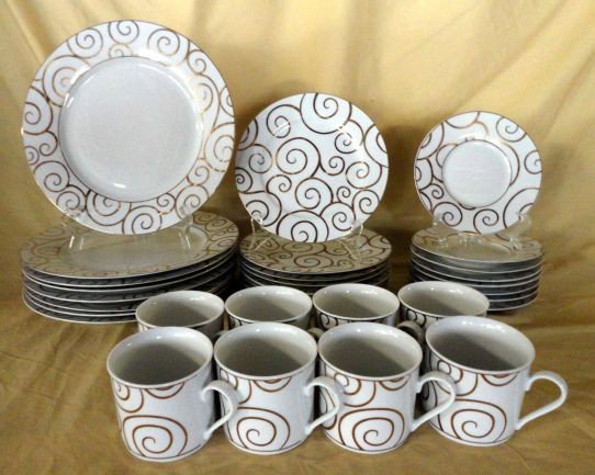GOLD SWIRL PORCELAIN DINNERWARE: White w/Gold Swirl Porcelain Dinnerware Service For 8 Inc. Dinner Plates, Salad Plates, Cups, & Saucers.