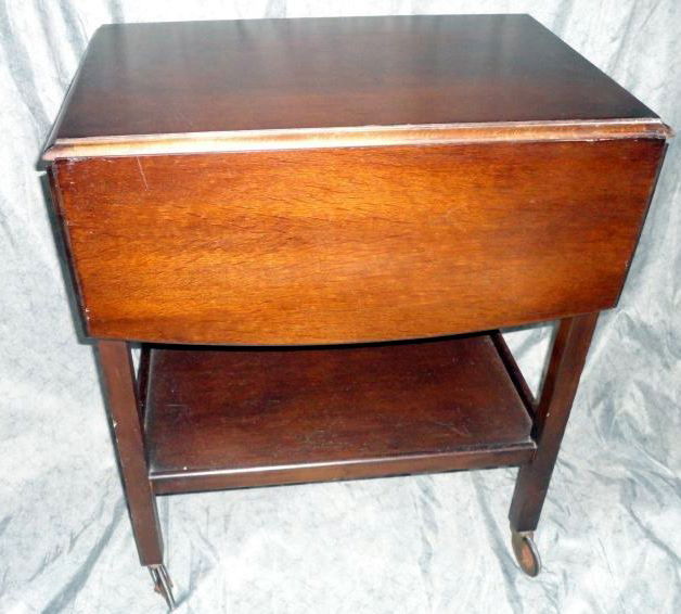 MAHOGANY DROP SIDE CART: Mahogany Drop Side Cart, Lower Shelf, Metal w/Rubber Casters, 25"W X 36"D X 30"T.