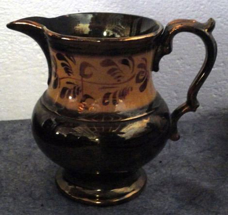 COPPER LUSTERWARE JUG & TEAPOT: Lusterware Pitcher (5.5" T) and Teapot w/Bird Handle (7" T) Both w/Decorative Bands on Body.