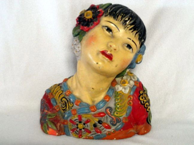 ASIAN GIRL BUST: Chalkware Bust, Colorful Hand Painted Young Asian Girl w/Head Coyly Cocked to Side, Signed Leon Fighicro (Italian, 1881-1938).