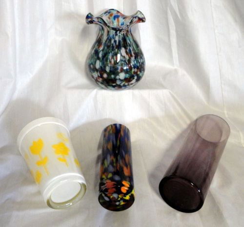 ART GLASS VASES: Four Art Glass Vases Inc. 2 Multi-Color Marbleized (1 Bulbous w/Ruffled Rim), Cylinder Shape Plum, & Tapered Pale Yellow w/Dark Yellow Flowers, 7" To 10"T.
