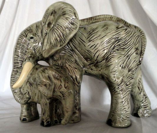 CERAMIC ELEPHANTS – MOTHER & CALF: Large Figure of Glazed Elephants Signed Ethel S and 3-80, 10" W x 17" L x 14" T.