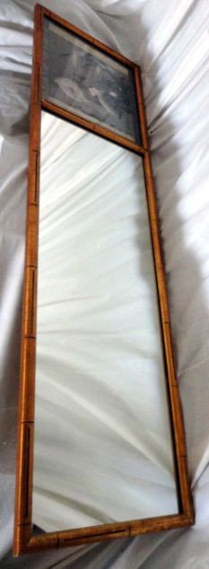 TRUMEAU STYLE ORIENTAL MIRROR: Mirror w/Faux Bamboo Wood Frame, Oriental Print Over Long Mirror, 56.5"T X 15.5"W.