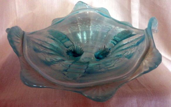 IRIDESCENT BLUE BOWL: Beautiful Bowl w/Undulating Edge and Raised Rope Design, Line & Flower Decorated, on Three Scrolling Feet, 7.5" Wide x 3.5" T.