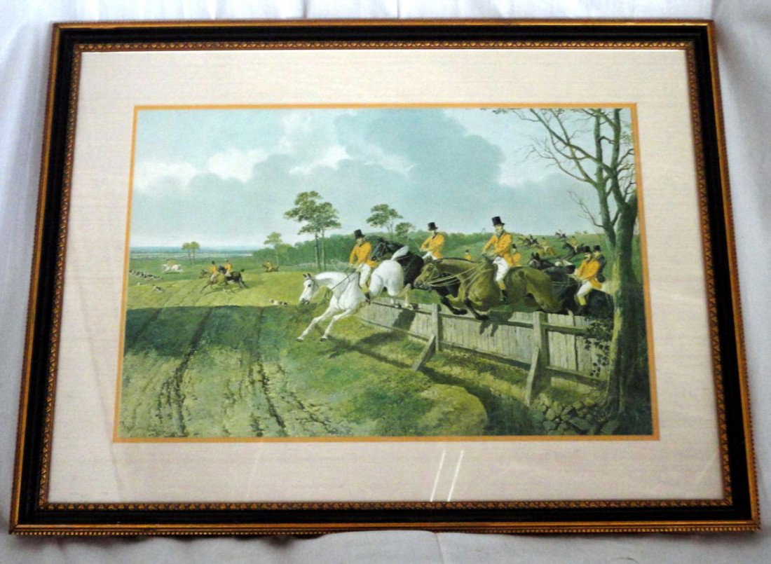 FRAMED PRINT OF AN ENGLISH HUNT: Black & Gold Framed Print, English Hunt, Signed JR Herring 1858, 17.75"T X 23.75"W.