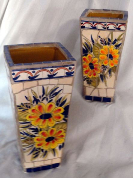 TILE VASES: Two Square Graduated Broken Tile Vases w/Floral Decoration, 8.5" and 11" T.