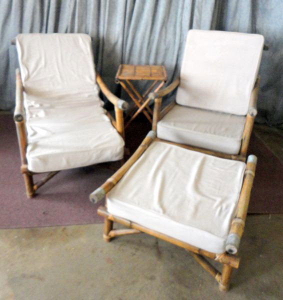 RATTAN FOUR PIECE FURNITURE SET: Lot Includes 2 Arm Chairs, Ottoman w/White Upholstered Removable Seats & Decorative Brass Caps, & Accent Table, 15" To 31"T.
