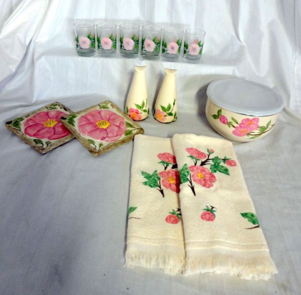 FRANCISCAN DESSERT ROSE PIECES: Lot Includes 6 Decorated Juice Glasses, 2 Trivets, Tall Salt and Pepper (6" T), 2 Tea Towels and Three Graduated Enamel Plastic Covered Bowls (5.75" to 7.75" D).