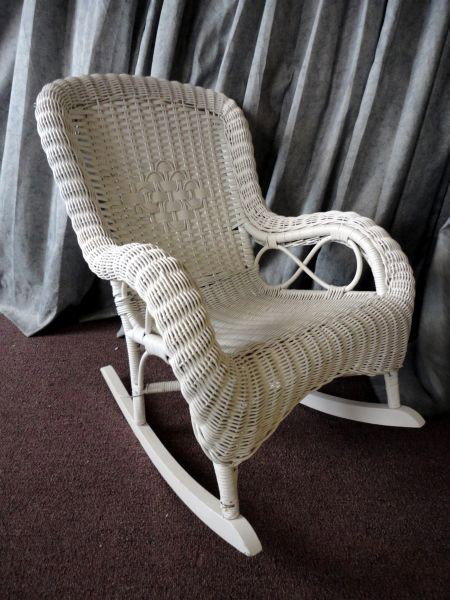 CHILD SIZE VICTORIAN WICKER ROCKING CHAIR: White Child's Size Wicker Rocker, 28" Center Back Height.