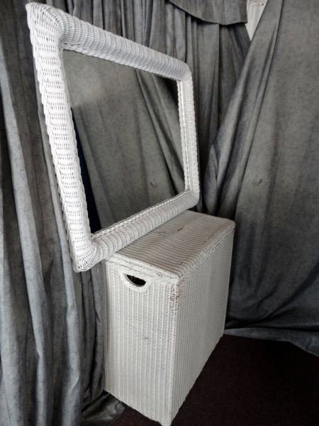 WHITE WICKER FRAMED MIRROR & HAMPER: Wicker Mirror (37" T x 27" W) and Hamperw/Hand Holds (24.5" W x 12" D x 24" T.