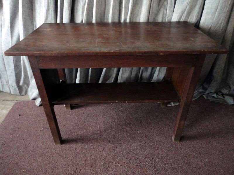 PRIMITIVE OAK STICKLEY STYLE TABLE: Mission Style Rectangular Table w/Lower Shelf, 42" W x 22" D x 29.75" T.