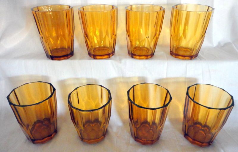 VALLERYSTHAL AMBER GLASS TUMBLERS: 8 Amber Glass Tumblers, Embossed Inside Bottom, Vallerysthal 3, Paneled Sides, 4.25"T.