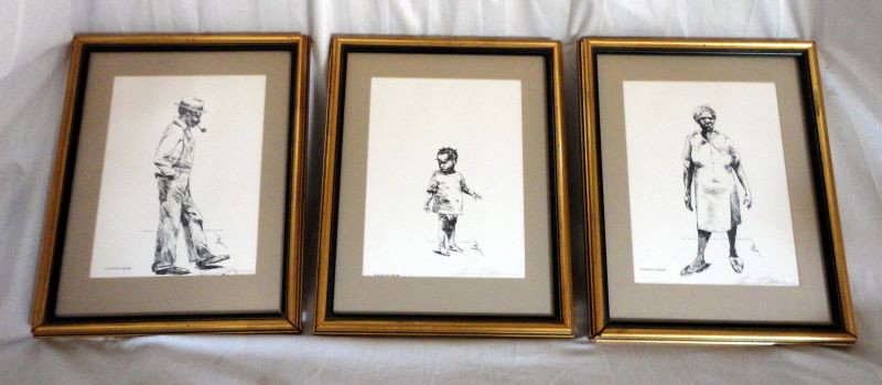OLD SOUTH BLACK AMERICANA PRINTS: Three Framed Prints of Man, Woman and Child, Titled Old South Series, Signed Ben and Pencil Signed in Margin Bernard ?Morris, Under Glass, Sight 10" T x 7.5" W and Framed 15" T x 12" W.