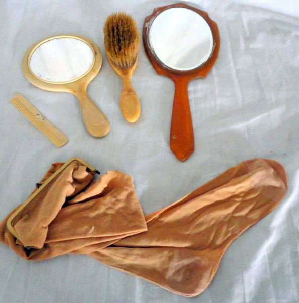 BAKELITE DRESSER SET ETC: Dresser Set Includes Two Hand Mirrors, Brush, Comb and a Real Stocking Purse.