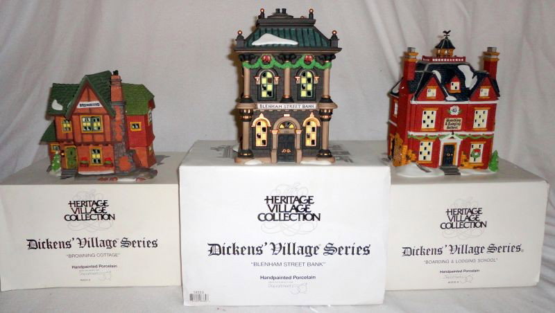 DEPT 56 DICKENS' VILLAGE SERIES: Heritage Village Lot w/Light Cords and Original Boxes Includes Boarding & Lodging School, 8.5" T; Blenham Street Bank, 8.25" T; and Browning Cottage, 6.25 T.