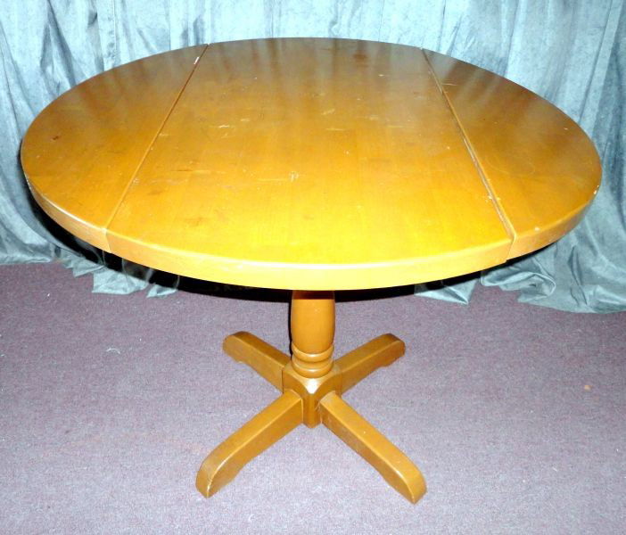 MAPLE DROP LEAF TABLE: Maple Drop Leaf Table w/Pedestal Base, 36" D x 29.5" T.
