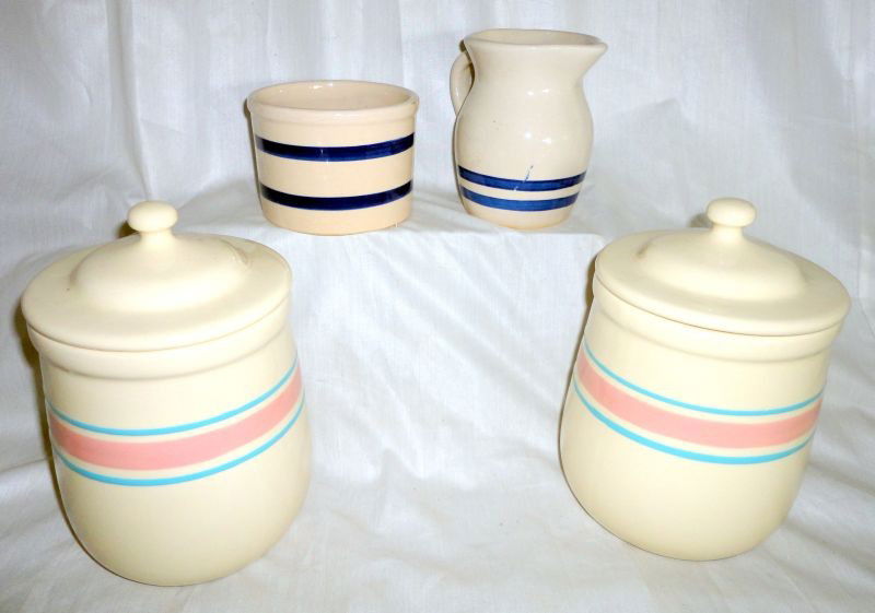 ROSEVILLE & MCCOY POTTERY PIECES: Lot Includes USA & Roseville Marked Pitcher (4.75" T) and Open Bowl (3.25" T) Together w/Two USA Marked Canisters Believed McCoy (8" T).