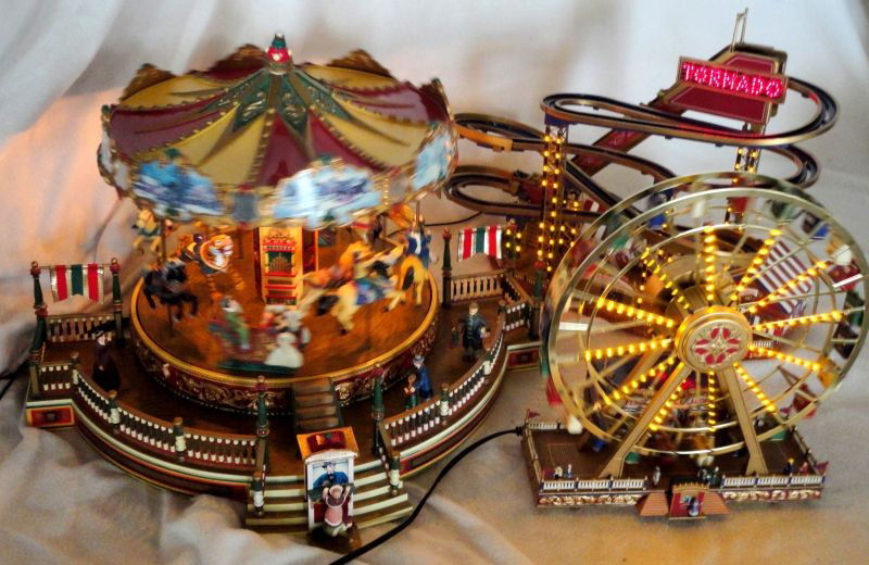 MR. CHRISTMAS WORLD'S FAIR: Three Piece World's Fair, Lighted and Musical (Plays Christmas and Year Round Songs Includes Merry-Go-Round (12" T) and Stage, Ferris Wheel (9.5" T) and Roller Coaster (10" T).