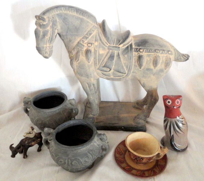 CERAMICS FROM AROUND THE WORLD: Lot Includes Horse in Full Regalia, Chop Marks on Bottom, 16.25" W x 14.25" T; 2 Ceremonial Bowls, 3.75" T; Miniature Chinese Figure on Water Buffalo, 3.25" T; Mexican Hand Painted Cat, 6.5" T; and Me