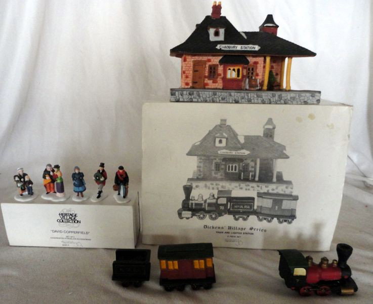 DEPT 56 DICKENS' VILLAGE SERIES: Heritage Village "Train And Lighted Station" w/Light Cords and Original Box,1.75" To 6.5"T & "David Copperfield" Set Of 5 Handpainted Porcelain Accessories, 2" To 2.5"T.
