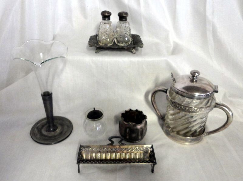SILVER PLATED & GLASS LOT: Lot Includes Heavy Pairpoint Double Handled Lidded Condiment w/Swirl Glass Body and Spoon, 6" T; a Flared Glass Vase in Metal Holder, 7.5" T; Small Etched Covered Condiment, 2.75" T; Pair Cut Glass Sa
