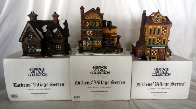 DEPT 56 DICKENS' VILLAGE SERIES: Heritage Village Lot w/Light Cords and Original Boxes Includes East Indies Trading Co, 8" T; J. Lytes Coal Merchant, 8.5" T; Barmby Moor Cottage, 8" T.
