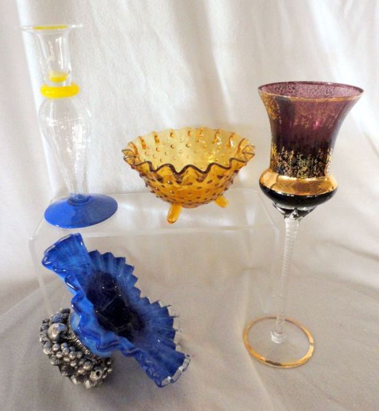COLORED GLASS LOT: Lot Includes Beautiful Gold Trimmed Purple Glass on Long Decorative Clear Stem, 11.5" T; Murano Style Candle Holder w/Blue and Yellow Accents, 8.25" T; Amber Pressed Glass 3-Part Mold Hob Nail Bowl on