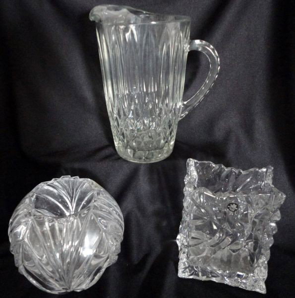 3 HEAVY GLASS PIECES: Lot Includes Crystal Rose Bowl, 5.5" T; Square Indented Paper Bag Crystal Vase Marked Rosenthal Made in Germany, 6.75" T; and a Pitcher, 9.25" T.