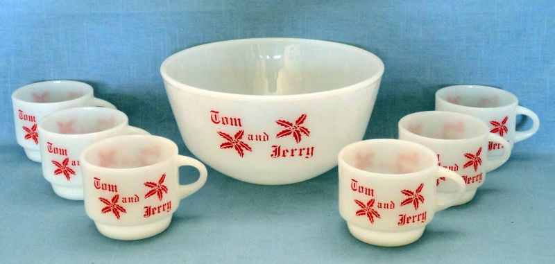 TOM & JERRY FIRE KING SET: Milkglass Punch Bowl and 6 Cups w/Tom and Jerry and Holly in Red, Marked Anchor Hocking Fire King Made in USA, Bowl 8.5" D x 4.5" T and Cups 2.75" T.