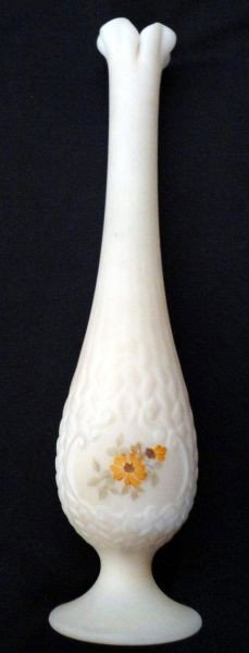FENTON SATIN FINISH VASE: Pedestal Vase Ruffled at Neck Marked Fenton 8 and Handpainted by Jackie D, Floral Decorated w/Embossed Basketweave design in Body, 11.5" T.
