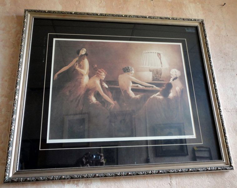 LOUIS ICART PARLOR PRINT: Offset Lithograph Print Pictures Four Musical Ladies from the 1920s in Soft Parlor Lighting, Signed Lower Right, Sight 17.5" T x 23.5" W, Framed 29.5" T x 35.5" W.