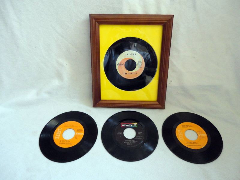 BEATLES & ELVIS 45s: Records (45s) Include Beatles I'm Down Framed Under Glass, 11.75" T x 9.75" W (Rippled Edge); Elvis Presley Help Me and If You Talk in Your Sleep, Elvis Presley The Next Step is Love and I've Lost You